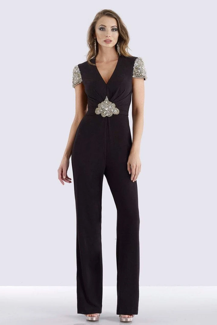 Feriani Couture - 26253 Short Sleeve Ornate V-Neck Ruched Jumpsuit 3 Feriani Couture - 26253 Short Sleeve Ornate V-Neck Ruched Jumpsuit
