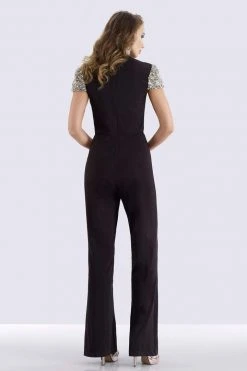 Feriani Couture - 26253 Short Sleeve Ornate V-Neck Ruched Jumpsuit 6 Feriani Couture - 26253 Short Sleeve Ornate V-Neck Ruched Jumpsuit