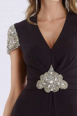 Feriani Couture - 26253 Short Sleeve Ornate V-Neck Ruched Jumpsuit 7 Feriani Couture - 26253 Short Sleeve Ornate V-Neck Ruched Jumpsuit