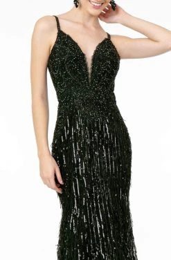 GLS By Gloria - GL1824 Plunging Sequin Fringed Sheath Gown