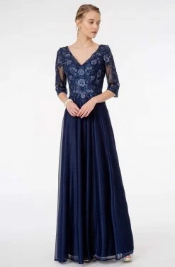 GLS By Gloria - GL1825 Quarter Sleeve Embroidered Illusion A-Line Dress
