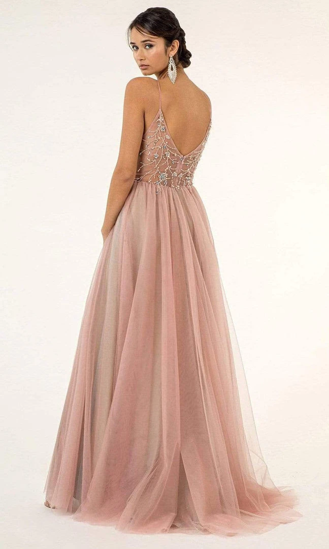 GLS By Gloria - GL2983 Embellished V Neck Mesh A-line Dress 8 GLS By Gloria - GL2983 Embellished V Neck Mesh A-line Dress