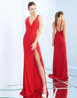Ieena Duggal - 25846I Plunging V-Neck High Slit Sheath Gown