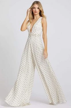 Ieena Duggal - 26315I Plunging Flared Polkadot Jumpsuit