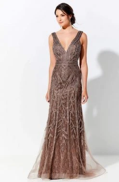 Ivonne D By Mon Cheri - 120D03 Plunging V-Neck Metallic Lace Dress Ivonne D For Mon Cheri