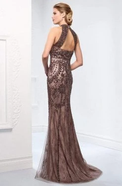Ivonne D For Mon Cheri - 218D27 Beaded Lace Sheer Halter Fitted Dress