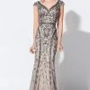 Ivonne D For Mon Cheri - Bead Embellished V-Neck Sheath Evening Dress 119D42 - 1 Pc Smoke/Nude In Size 18 Available