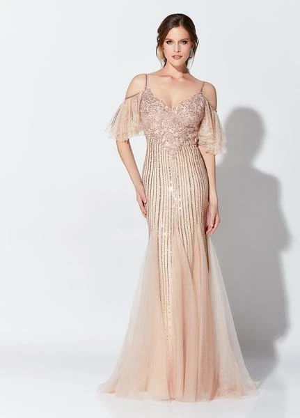 Ivonne D For Mon Cheri - Beaded V-Neck Cold Shoulder Evening Dress 119D46 - 1 Pc Rosegold/Nude In Size 12 Available 3 Ivonne D For Mon Cheri - Beaded V-Neck Cold Shoulder Evening Dress 119D46 - 1 Pc Rosegold/Nude In Size 12 Available