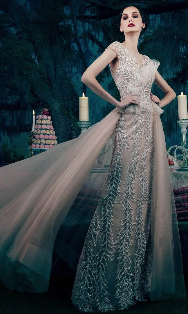 Janique 15761 - Cap Sleeve Illusion V-neck Long Dress 4 Janique 15761 - Cap Sleeve Illusion V-neck Long Dress