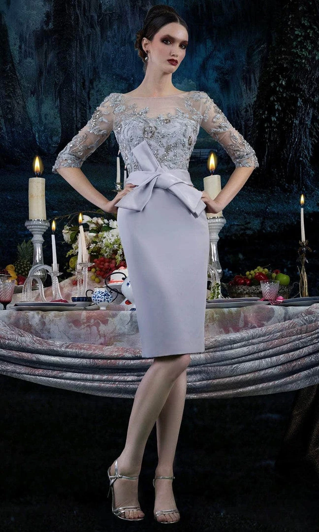 Janique - 1906 Embroidered Bateau Knee Length Fitted Dress 3 Janique - 1906 Embroidered Bateau Knee Length Fitted Dress