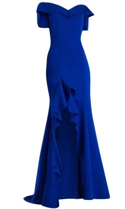 Janique - 1940 Off-Shoulder Trumpet Dress With Ruffled Slit And Train