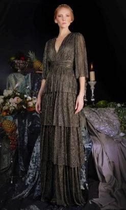 Janique 210722 - Quarter Length-Sleeve Plunging V-neck Evening Dress