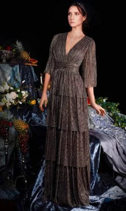 Janique 210722 - Quarter Length-Sleeve Plunging V-neck Evening Dress