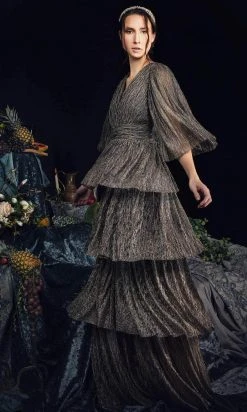 Janique 210722 - Quarter Length-Sleeve Plunging V-neck Evening Dress