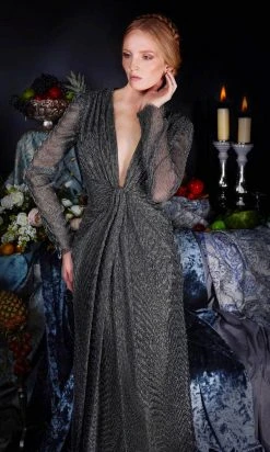 Janique 210922 - Long Sleeve Plunging V-neck Evening Dress