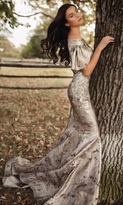 Janique 2941 - Off-shoulder Straight Across Neck Evening Dress