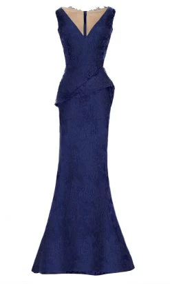 Janique - 45021 Gilt-Accented Jacquard Peplum Mermaid Gown