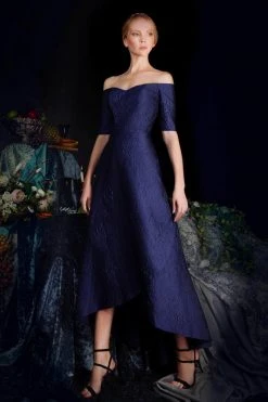 Janique - 61022 Off Shoulder Jacquard High Low A-line Dress