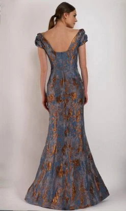 Janique - 66721 Ruched Cap Sleeve Jacquard Mermaid Gown