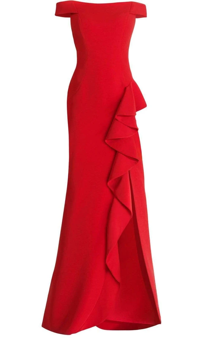 Janique - C1870 Ruffled Off-Shoulder Sheath Dress In Red 5 Janique - C1870 Ruffled Off-Shoulder Sheath Dress In Red