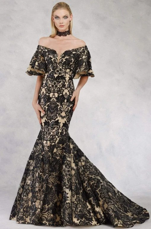 Janique - JA3013 Ornate Off Shoulder Butterfly Sleeve Mermaid Gown