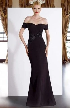 Janique - JA3026 Off-Shoulder Crepe Evening Dress In Black