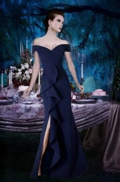 Janique - K6876 Off Shoulder Ruffle Slit Trumpet Gown