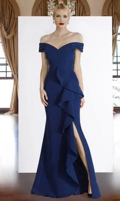 Janique - K6876 Off Shoulder Ruffle Slit Trumpet Gown