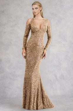 Janique - Sequined Long Sleeve V-neck Long Mermaid Gown K6576