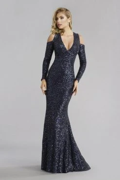 Janique - Sequined Long Sleeve V-neck Long Mermaid Gown K6576