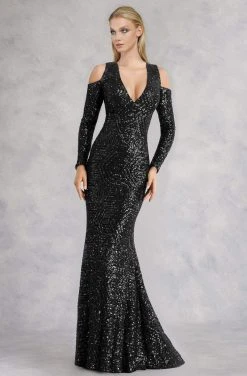 Janique - Sequined Long Sleeve V-neck Long Mermaid Gown K6576