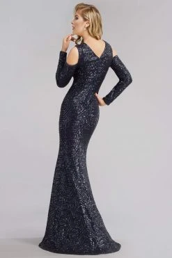 Janique - Sequined Long Sleeve V-neck Long Mermaid Gown K6576
