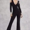 Janique - Sleek Pearl Embellished Long Sleeved Pantsuit K6583