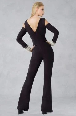 Janique - Sleek Pearl Embellished Long Sleeved Pantsuit K6583