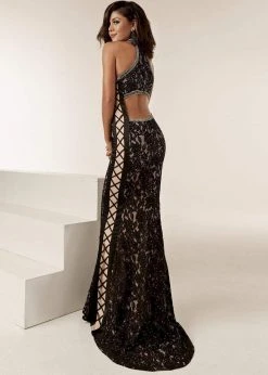 Jasz Couture - 6220 Beaded Lace Halter Neck Sheath Dress