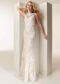 Jasz Couture - 6235 Illusion Bateau Intricate Sequined Sheath Gown