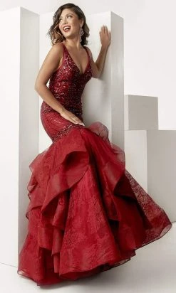 Jasz Couture - 6258 Sequined Plunging Lace Tiered Mermaid Gown