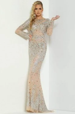 Jasz Couture - 6455 Bateau Long Sleeves Embellished Sheath Dress