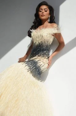 Jasz Couture - 7012 Off Shoulder Feather-Fringed Beaded Gown 9 Jasz Couture - 7012 Off Shoulder Feather-Fringed Beaded Gown