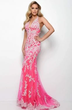 Jasz Couture - 7022 Embroidered Deep Halter V-neck Trumpet Dress