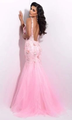 Jasz Couture - 7204 Floral Applique Deep V Neck Mermaid Dress