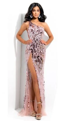 Jasz Couture - 7302 Asymmetric Embroidered With High Slit Sheath Dress