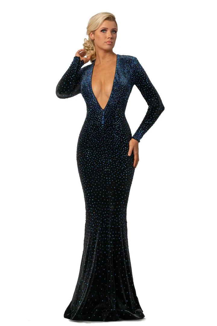 Johnathan Kayne - 2045 Embellished Long Sleeve V-neck Trumpet Dress 3 Johnathan Kayne - 2045 Embellished Long Sleeve V-neck Trumpet Dress