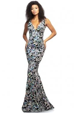 Johnathan Kayne - 2106 Sleeveless V Neck Sequin Velvet Mermaid Gown