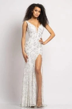 Johnathan Kayne - 2181 Lace Deep V-Neck Embellished High Slit Dress