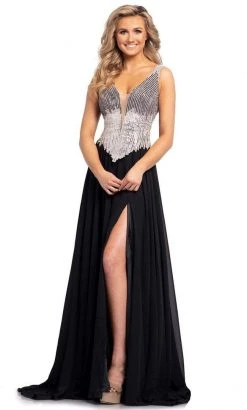 Johnathan Kayne - 2196 Embellished Deep V Neck A-line Gown With Slit