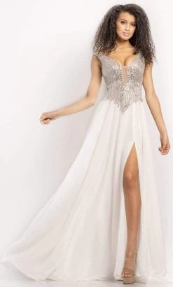 Johnathan Kayne - 2196 Embellished Deep V Neck A-line Gown With Slit