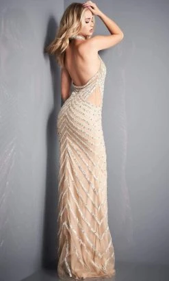 Jovani - 00817 Chevron Beaded High Halter Gown