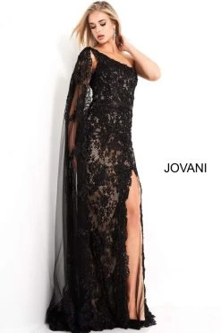 Jovani - 00866 One Shoulder Lace Dress With Slit