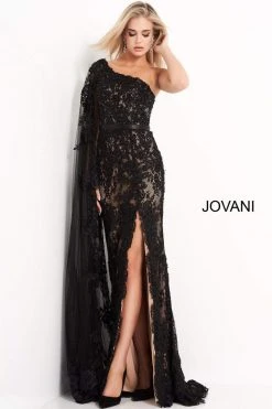 Jovani - 00866 One Shoulder Lace Dress With Slit